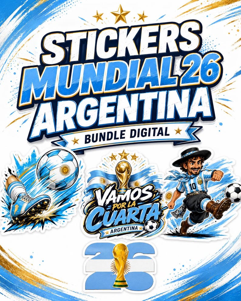 K&ouml;nnte beinhalten: Digitales Sticker-Bundle mit Fu&szlig;ballmotiven. Das Design zeigt den Text "STICKERS MUNDIAL 26 ARGENTINA" und Illustrationen von Fu&szlig;b&auml;llen, einem Spieler und der Weltpokal-Troph&auml;e. Die Farbgebung ist &uuml;berwiegend blau und wei&szlig;.