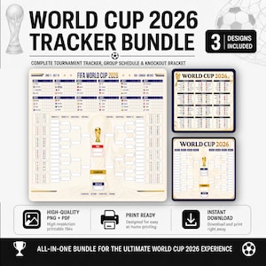 May include: A bundle of World Cup 2026 tracker designs. The designs include a tournament tracker, group schedule, and knockout bracket. The bundle includes three designs. The text on the image says "FIFA World Cup 2026".