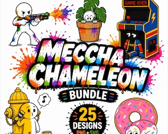Könnte beinhalten: Ein digitales Grafikpaket mit dem Titel MECCHA CHAMELEON BUNDLE 25 DESIGNS PNG+SVG, das Zeichentrickfiguren, einen farbverschmierten Spielautomaten, eine Topfpflanze, einen Hydranten und einen Donut mit bunten Farbspritzern im Design zeigt.
