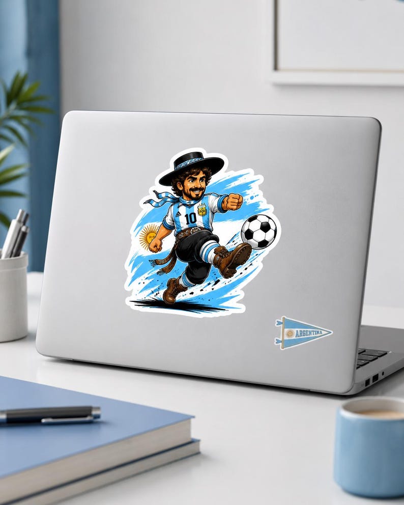 K&ouml;nnte beinhalten: Ein Aufkleber mit einer Cartoon-Illustration eines Fu&szlig;ballspielers in einem Argentinien-Trikot, der einen Fu&szlig;ball tritt. Der Spieler tr&auml;gt einen schwarzen Hut und die Nummer 10. Der Hintergrund hat blaue und wei&szlig;e Akzente, und ein kleines Argentinien-Wimpel ist sichtbar.