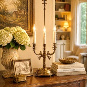 May include: A brass candelabra with three lit candles sits on a wooden table, next to a vase of white flowers, a framed picture, and a small decorative box. A stack of books and a decorative bowl are also on the table. A painting hangs on the wall.