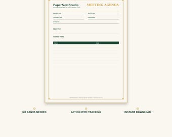Meeting Agenda & Notes Pack | Auto-Tracking Log (Digital Download)