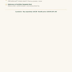 May include: A digital document titled From the Interview to the Offer, listing an Interview Preparation Workbook with STAR method prep, company research, thank you template, and tracker, plus a Reference and Portfolio Template Pack.