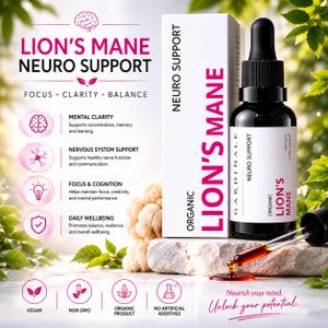Könnte beinhalten: Ein Produktbild mit einer schwarzen Tropfflasche und einer weißen Schachtel, beide mit der Aufschrift "Lion's Mane Neuro Support". Das Bild hebt Vorteile wie mentale Klarheit und Konzentration hervor. Eine Pipette gibt eine braune Flüssigkeit ab.