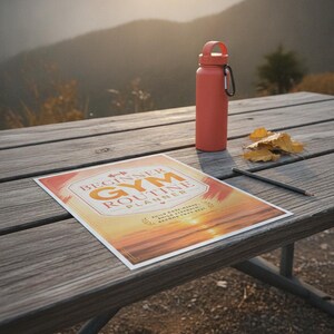 May include: A rectangular paper planner titled Beginner Gym Routine Planner with a sunset graphic, a coral-colored water bottle with a black carabiner, and a thin black pencil. The planner features text including Build Endurance, Build Strength, and Become Your Best.