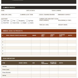May include: A rock climbing training journal with sections for climber profile, annual goals, and gear inventory. The journal includes spaces to record session logs, projects, strength, and grade progression. The cover features the text "ROCK CLIMBING TRAINING JOURNAL".