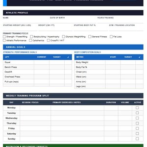 May include: A blue and white weightlifting training log with sections for athlete profile, annual goals, and weekly training program. Includes space to track lifts, body composition, and nutrition. The text "GYM & WEIGHTLIFTING TRAINING LOG" is at the top.