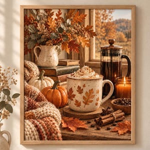 Könnte beinhalten: Ein gerahmter Wandkunstdruck, der eine gemütliche Herbstszene mit einer Tasse Kaffee mit Schlagsahne, orangefarbenen und weißen Kürbissen, einer French Press, Zimtstangen, einer Strickdecke und Herbstlaub auf einem Holztisch zeigt.