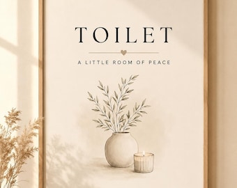 以下が含まれることがあります： TOILETおよびA LITTLE ROOM OF PEACEという文字と小さなハートのアイコンが描かれた額縁入りのウォールアート。イラストには、緑の葉がついた枝を生けた丸い白い花瓶と、ガラス容器に入った小さな火のついたキャンドルが描かれています。