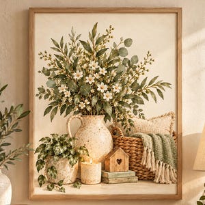 Op de afbeelding: Een ingelijste wandkunstprint met een gespikkelde keramische kan gevuld met witte bloemen en groen blad, een kleine potplant, een brandende kaars, een houten huisornament en een gevlochten mand met een textuurrijke deken.