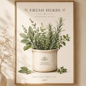 May include: A framed wall art print featuring a cream-coloured ceramic pot filled with green herbs. The text reads FRESH HERBS, GATHERED DAILY, HERBES DE PROVENCE, and GOOD FOOD. SIMPLE LIFE. The design includes small leaf illustrations and a heart icon.