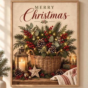 Op de afbeelding: Een ingelijste wandkunstprint met de tekst Merry Christmas boven een gevlochten mand gevuld met dennentakken, rode bessen, dennenappels en kleine lichtjes. Een metalen lantaarn met kaars, een sterornament en een deken zijn afgebeeld.