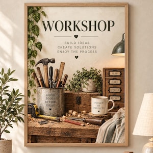 以下が含まれることがあります： WORKSHOPと書かれた額入りウォールアート。工具が入った金属製容器、FUELED BY PROJECTSと書かれたマグカップ、PLAN、MAKE、IMPROVE、REPEATとラベル付けされた木製キャビネット、そしてBUILD IDEAS、CREATE SOLUTIONS、ENJOY THE PROCESSというテキストが描かれています。