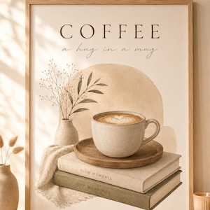 Pode incluir: Uma impressão artística emoldurada com o texto COFFEE a hug in a mug sobre uma ilustração em aguarela de uma chávena de café num pires de madeira, pousada sobre dois livros empilhados intitulados SLOW MOMENTS e SOFT MORNINGS, junto a um vaso.