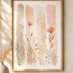 Abstract Botanical Wall Art Print, Neutral Floral Print, Sage Green Blush Pink Decor, Scandinavian Bedroom Living Room Wall Decor