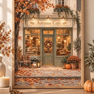 May include: A framed wall art print depicting an Autumn Café storefront with a green door, a wreath, and large windows. The scene features orange and yellow fall foliage, potted chrysanthemums, pumpkins, and scattered leaves on the pavement.