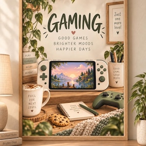 Peut inclure: Une affiche encadrée avec le texte GAMING, GOOD GAMES BRIGHTER MOODS HAPPIER DAYS et Just one more level. L'image montre une console de jeu portable, une tasse marquée FUEL FOR NEXT LEVEL, un carnet, une manette de jeu et des biscuits.