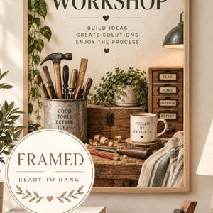 Framed Workshop Wall Art Print, Rustic Tool Decor for Garage or Woodworking Space