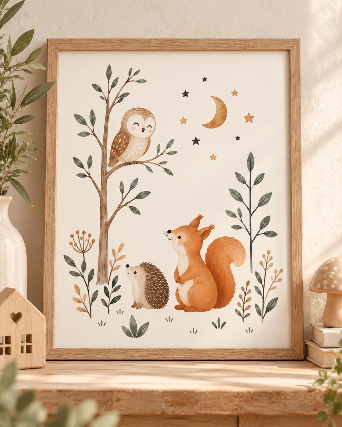 Woodland Nursery Print &ndash; Owl, Squirrel & Hedgehog Moon and Stars Art