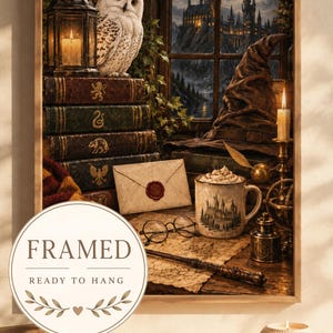 May include: A framed wall art print featuring a white owl perched on a stack of books, a wizard hat, a sealed envelope, a mug, glasses, and a wand. Through a window, a castle is visible under a full moon. The print includes the text FRAMED READY TO HANG.
