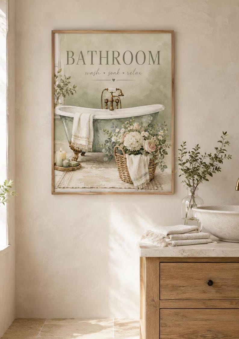 Neutral Roses Printable Framed Bathroom Wall Art Print, Sage Green Farmhouse Bath Decor ...