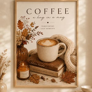 Op de afbeelding: Een ingelijste wandkunstprint met de tekst COFFEE a hug in a mug, WARM DRINKS COZY MOMENTS. De afbeelding toont een beige mok met latte art op twee gestapelde boeken, een brandende kaars met het label CINNAMON VANILLA, herfstbladeren en een gebreide plaid.