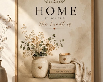 Home Is Where the Heart Is Print, Neutral Farmhouse Wall Art, Rustic Living Room Decor, Botanical Housewarming Gift, Cottage Style