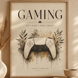 Gaming-väggkonsttryck, neutral spelrumsdekor, PlayStation-kontrollkonstverk, skandinavisk spelpresent, mysigt kontorstryck