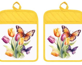 Butterfly Tulips Watercolor Gift Pocket Pot Holder Oven Mitt Linen Towel DZ590
