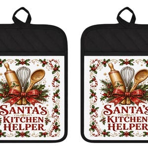 May include: Two rectangular pot holders with black trim and hanging loops. The white center features a graphic of a rolling pin, whisk, and wooden spoon tied with a red bow, surrounded by holly and candy canes, with the text SANTA'S KITCHEN HELPER.