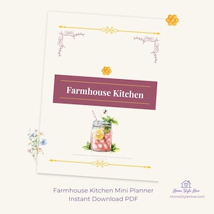 May include: A digital download titled "Farmhouse Kitchen Mini Planner" with a watercolor illustration of a mason jar filled with pink lemonade and lemon slices. The design features decorative floral and geometric elements.