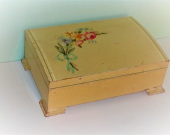 Vintage Robinhood Ware Wood Jewelry Box Divided Storage Box with Hand Painted Flowers