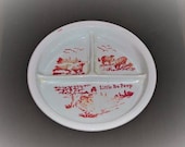 Vintage Milk Glass quot Little Bo Peep quot Child 39 s Divided Plate Bowl Red Lettering and Graphics