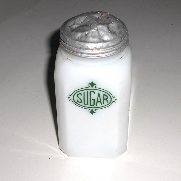 Vintage White Green Lettering SUGAR Shaker Chef Boyardee by Hazel Atlas