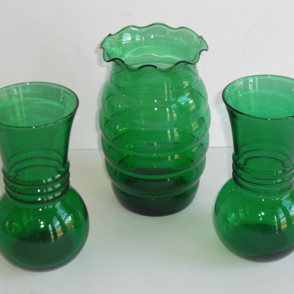 Set of 3 Vintage Forest Green Ivy Ball Vases by Anchor Hocking