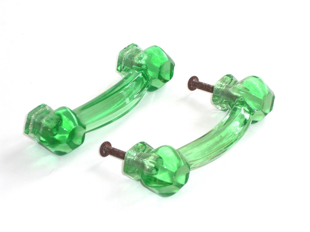 Pair Vintage Green Depression Glass Drawer Pulls Handles Etsy