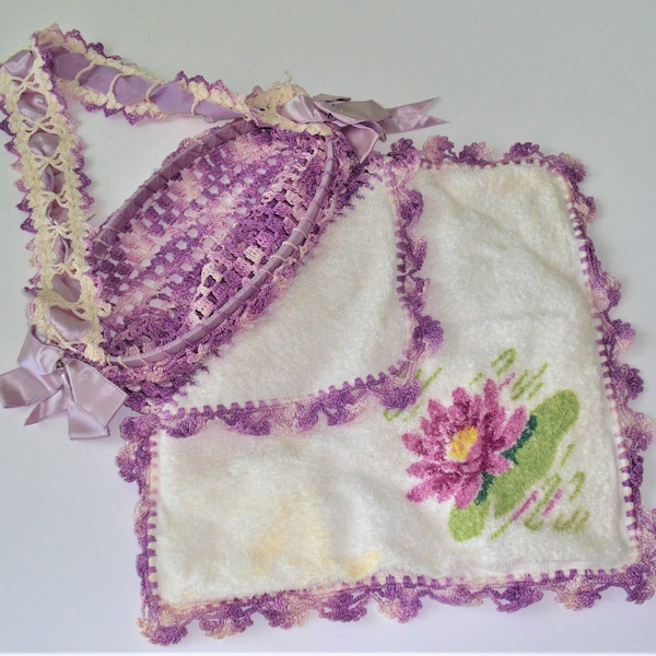 Vintage Purple White Crochet Towel Hand Made Clothes Pin Holder Bag