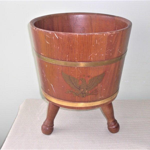 Vintage Wood Bucket or Barrel Planter Stand with 3 Legs Eagle Decal