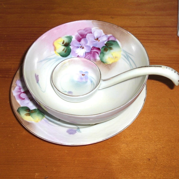 Vintage Nippon 3 Piece Mayonnaise Relish Set Hand Painted Pink Flowers Bowl Spoon Liner Plate