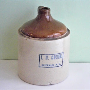 Antique Blue Decorated Brown Stoneware Jug I.H. Cohen Buffalo NY