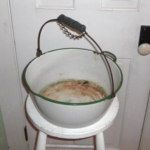 Vintage White with Green Trim Enamelware Cooking Pot with Swing Handle