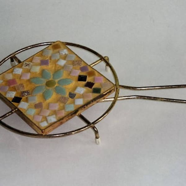 Vintage Mosaic Tile Trivet Hot Plate with Worn Gold Color Stand