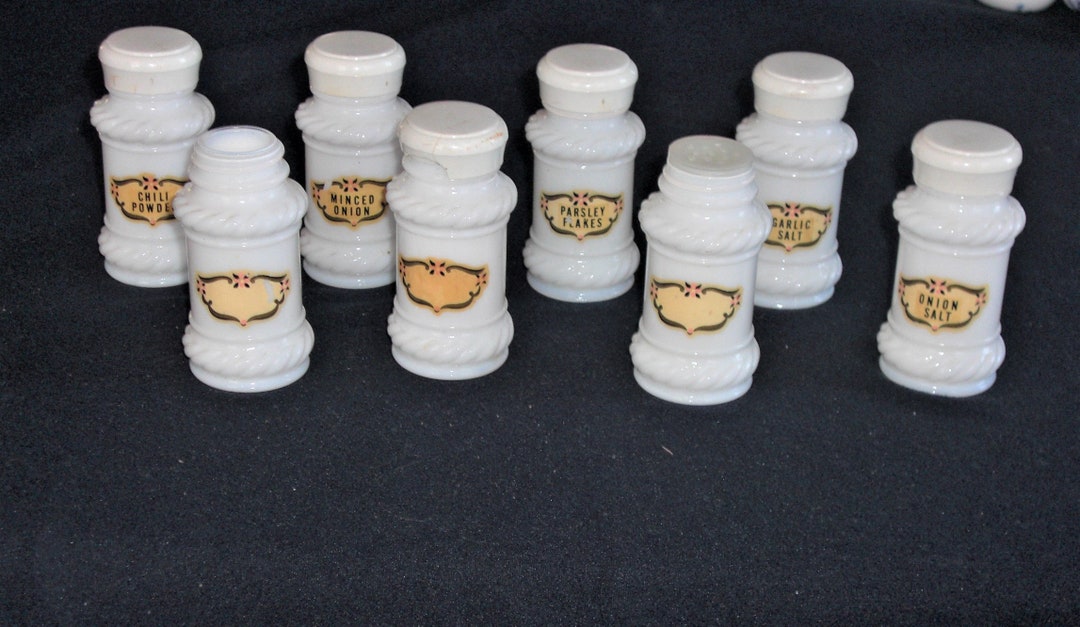 Set of 8 Vintage Milk Glass Spice Jars Shakers Original Labels Etsy