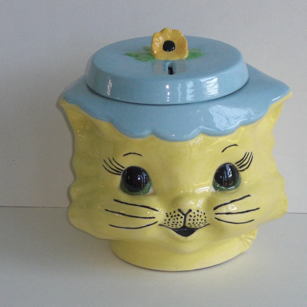 Vintage Blue Yellow Ceramic CAT Piggy Bank Miss Priss??