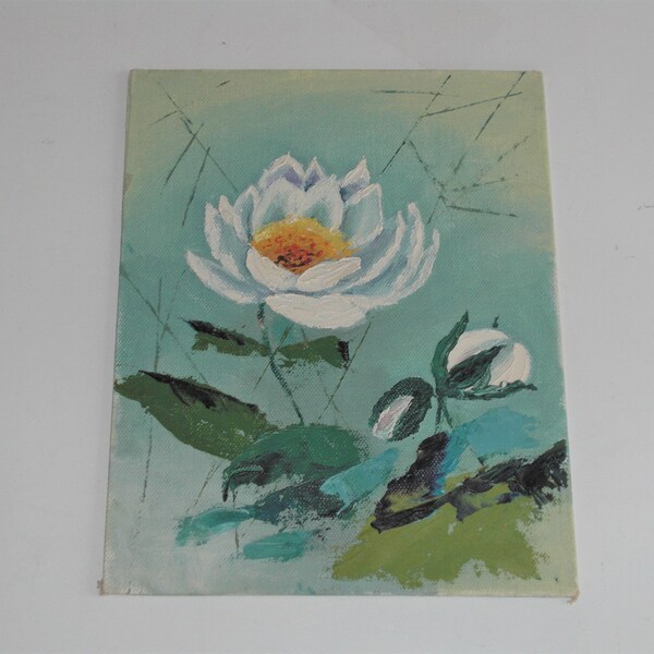 Vintage White Flower Painting on Canvas Unframed 8X10
