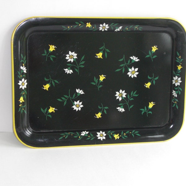 Vintage Black Serving Tray Bar Tray with White and Yellow Flowers