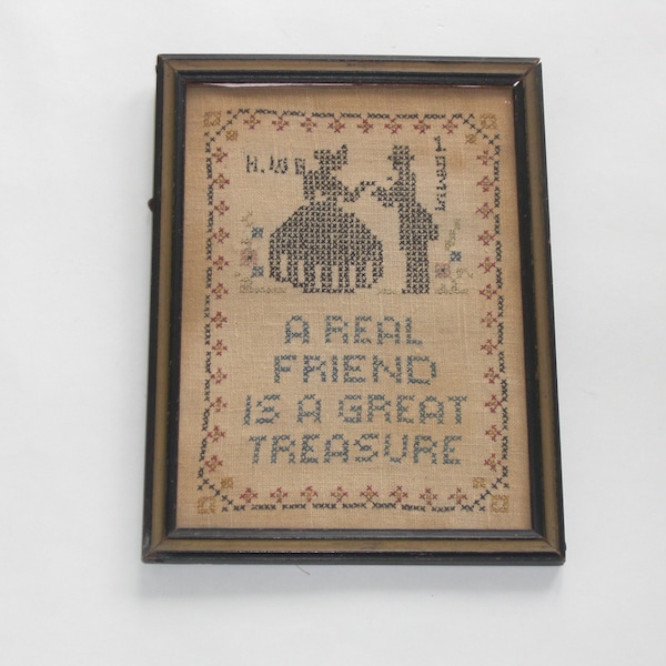 Vintage Signed Cross Stitch Sampler Framed under Glass "A Real Friend is a Great Treasure" 1935