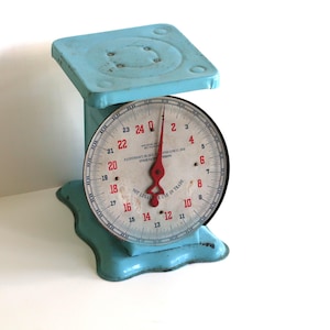 May include: A light blue metal kitchen scale with a square top platform and a round white dial face. The dial features black numbers from 1 to 24, red numbers from 2 to 24, and a red pointer. The text reads NOT LEGAL FOR USE IN TRADE.