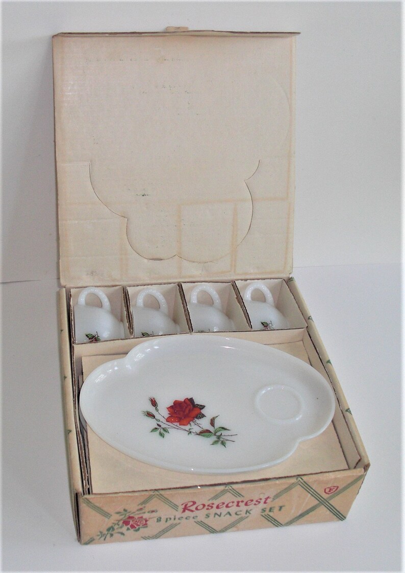 Vintage ROSECREST 8 Piece Snack Set by Federal Glass Co. Original Box ...