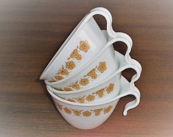4 Corning Corelle Butterfly Gold Tea Coffee Cups with Hook Handle